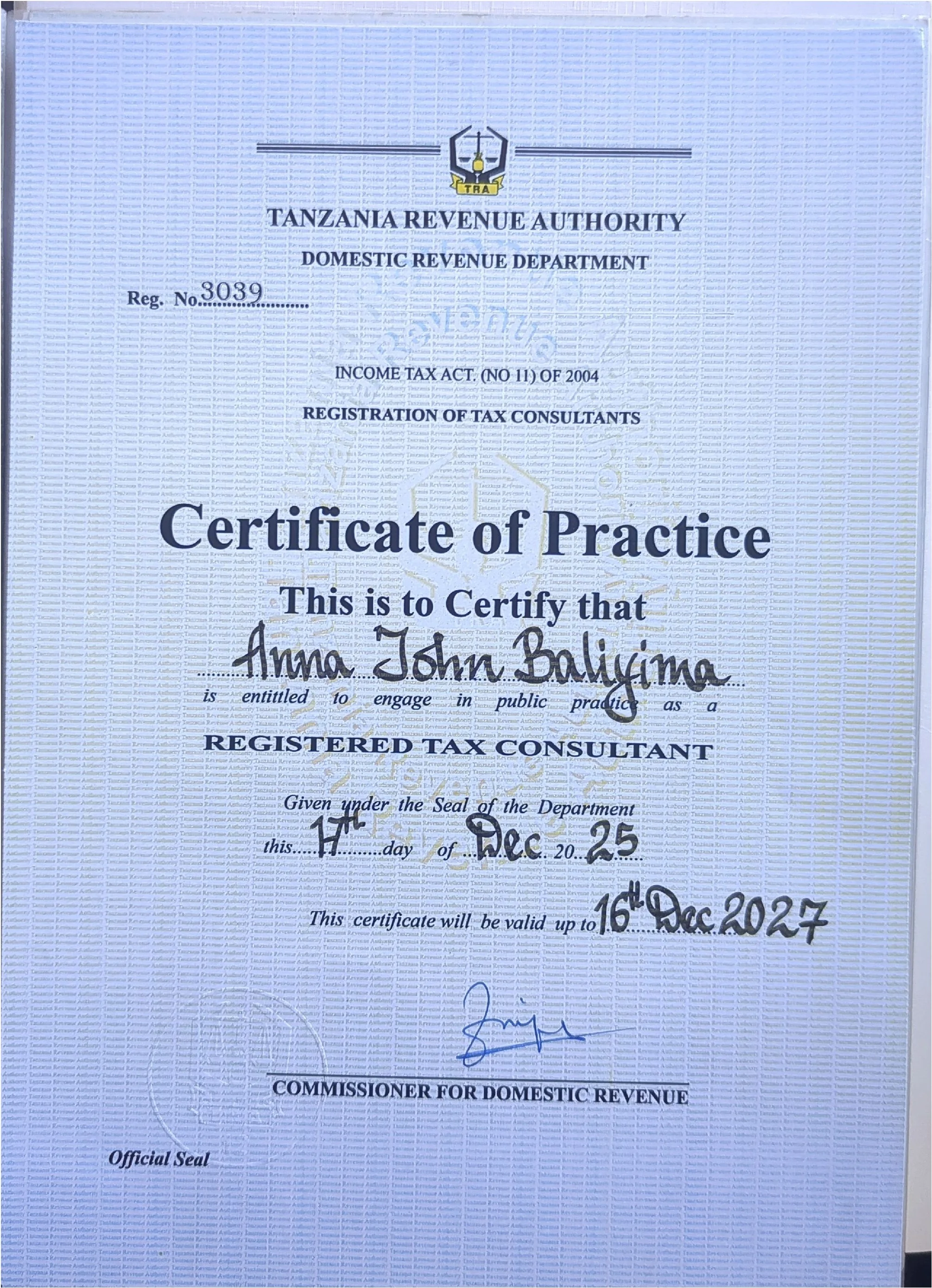 TRA Tax Consultant Certificate